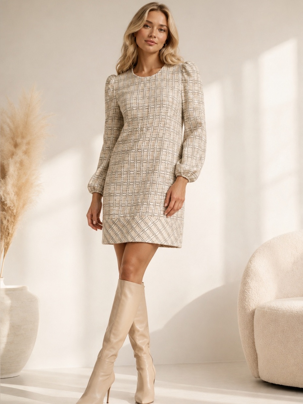 NWT Buru Knit Checker Long Puff Sleeve Shift Mini Dress Sz L